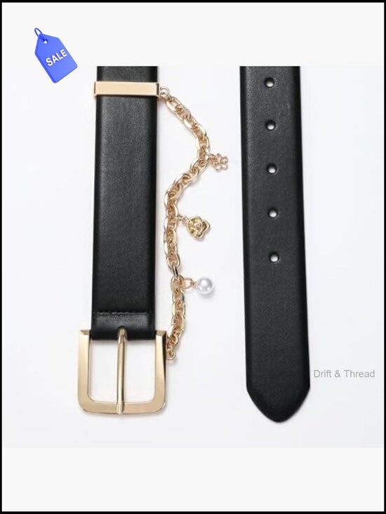 Genuine Leather Belt with Gold Buckle and Chain for Jeans Dress main image 4